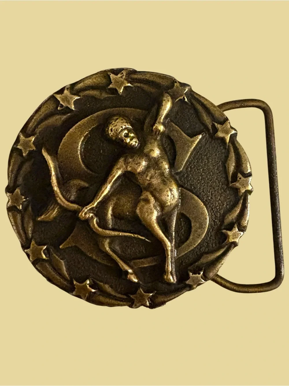 Vintage Bouwerie Lane Art Deco Sagittarius Zodiac Sign Brass Round Belt Buckle
